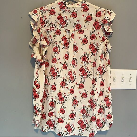 Floral Rayon Lightweight Button Down Summer Top with Poppies Size Large - Picture 7 of 12